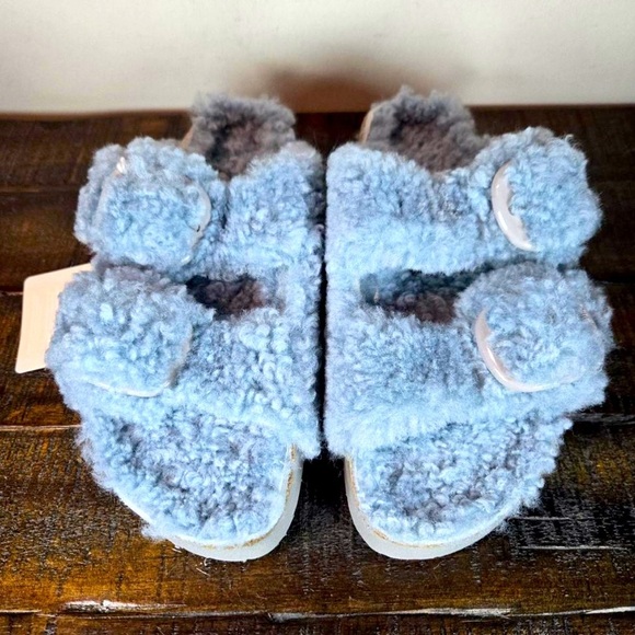 Papillio by Birkenstock Teddy Sherling Blue Platform Big Buckle Sandals - Picture 3 of 8